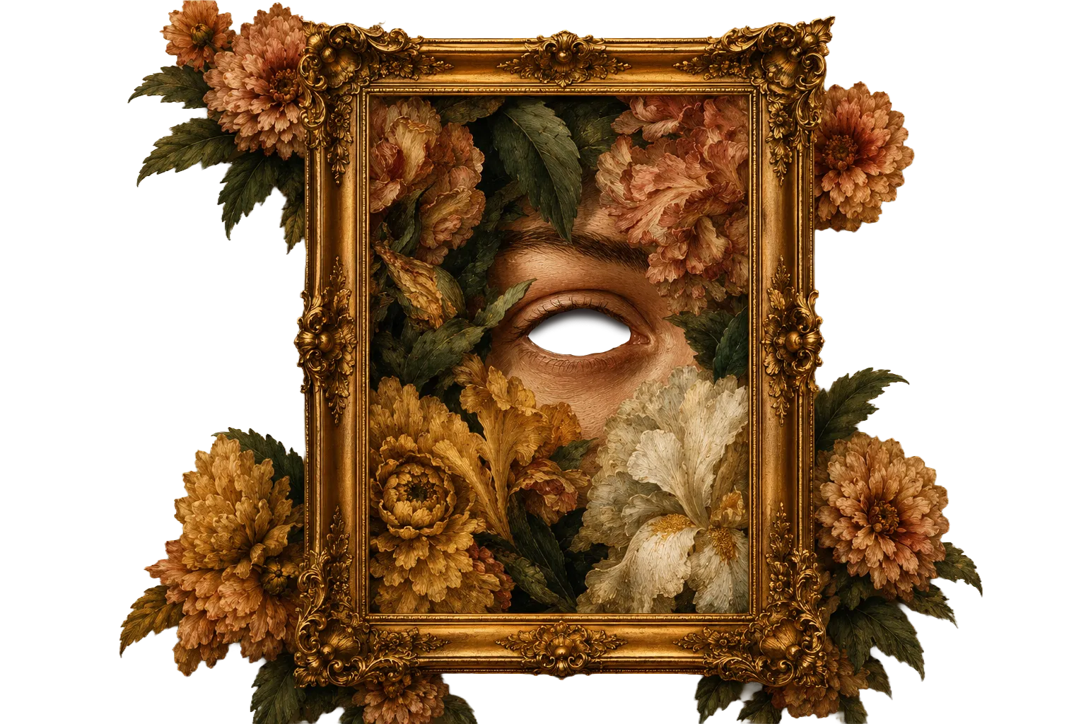 Een artistiek portret met bloemen in een gouden lijst