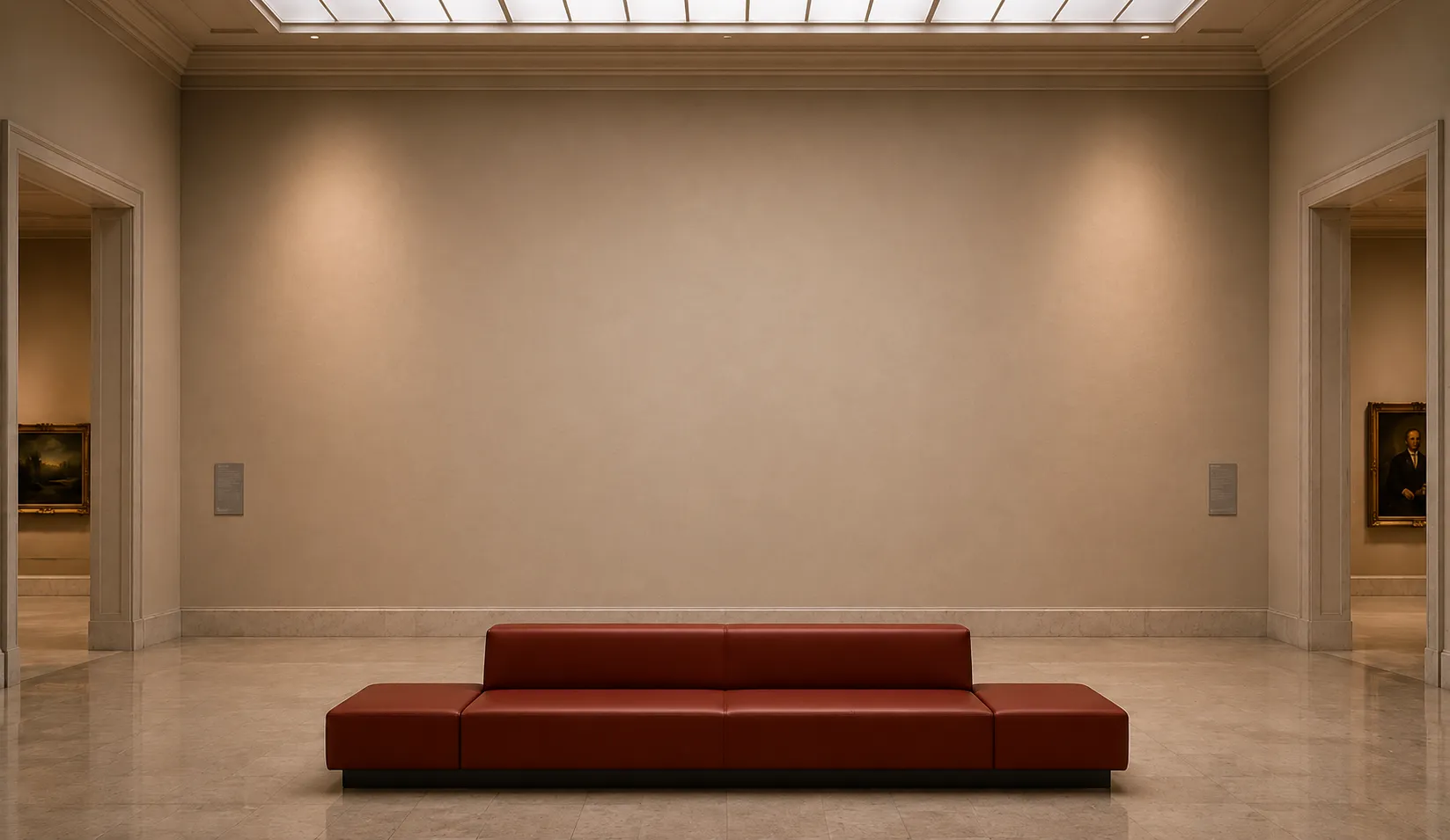 Een rustige museumzaal met een lege wand en een bordeauxrode zitbank